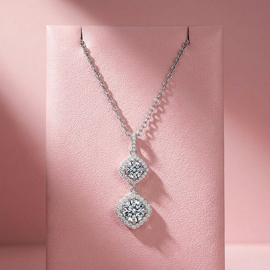 Double Halo Drop Moissanite 925 Silver Pendant Necklace | PRM2085