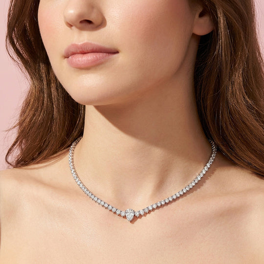 Graduated Pear Cut Moissanite 925 Silver Tennis Necklace | PRM2087