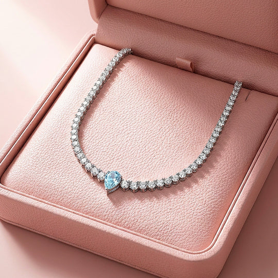 Graduated Blue Pear Cut Moissanite 925 Silver Tennis Necklace | PRM2088