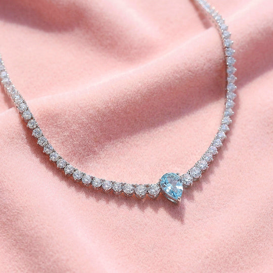Graduated Blue Pear Cut Moissanite 925 Silver Tennis Necklace | PRM2088