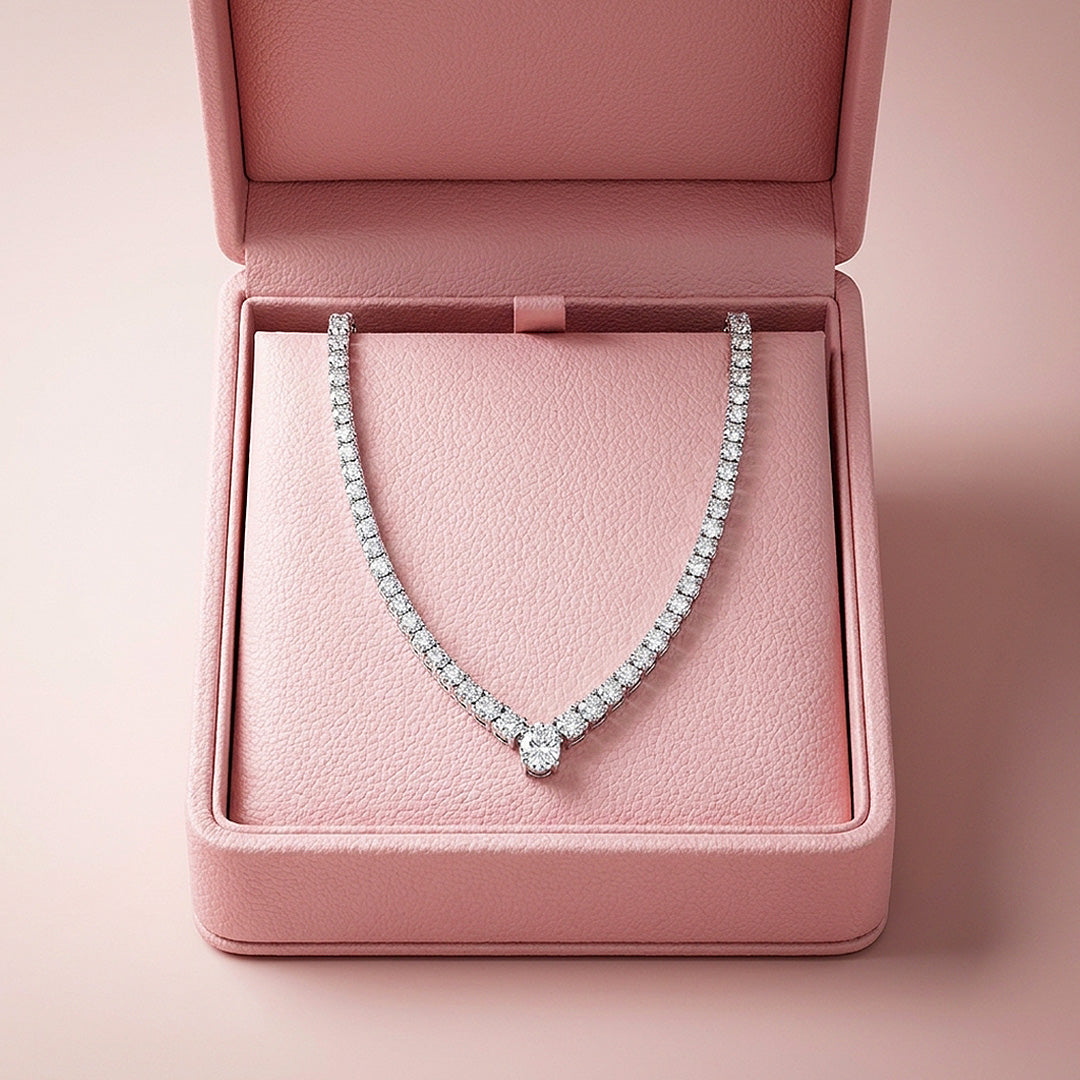 Graduated V-Shape Genuine Moissanite 925 Silver Tennis Necklace | PRM2089