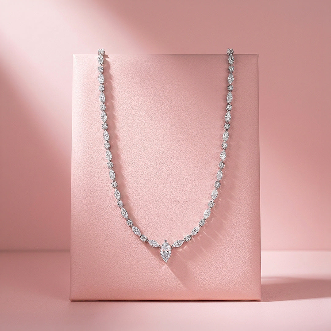 Marquise Cut Genuine Moissanite 925 Silver Tennis Necklace | PRM2091