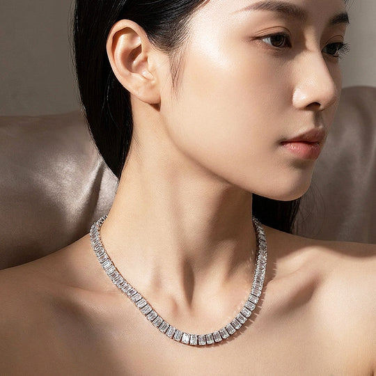 Emerald Cut Genuine Moissanite 925 Silver Tennis Necklace | PRM2094