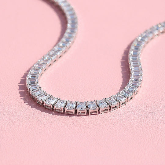 Emerald Cut Genuine Moissanite 925 Silver Tennis Necklace | PRM2094