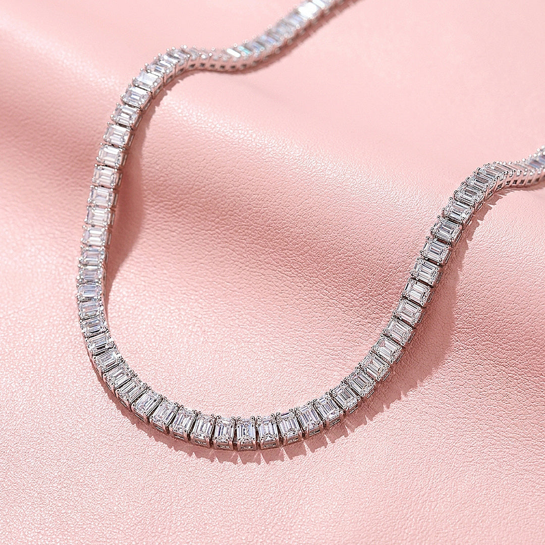 Emerald Cut Genuine Moissanite 925 Silver Tennis Necklace | PRM2094