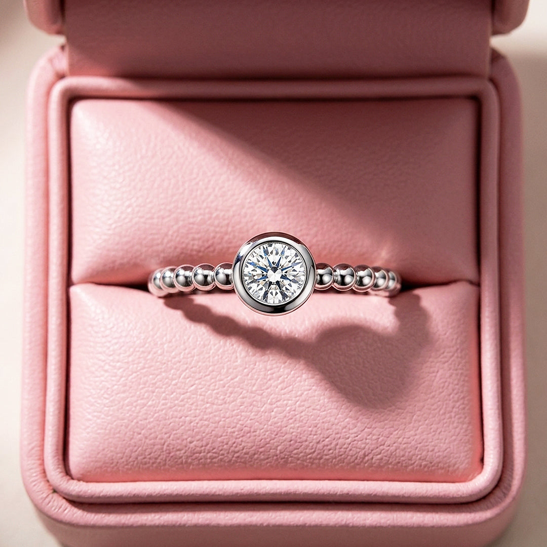 Round Bezel Solitaire Beaded Ring | Moissanite | 925 Sterling Silver | Prm5006