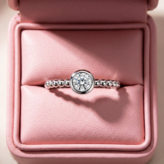 Round Bezel Solitaire Beaded Ring | Moissanite | 925 Sterling Silver | Prm5006