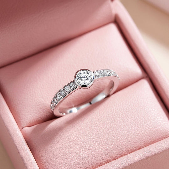 Bezel Solitaire Pavé Band Ring | Moissanite | 925 Sterling Silver | Prm5011