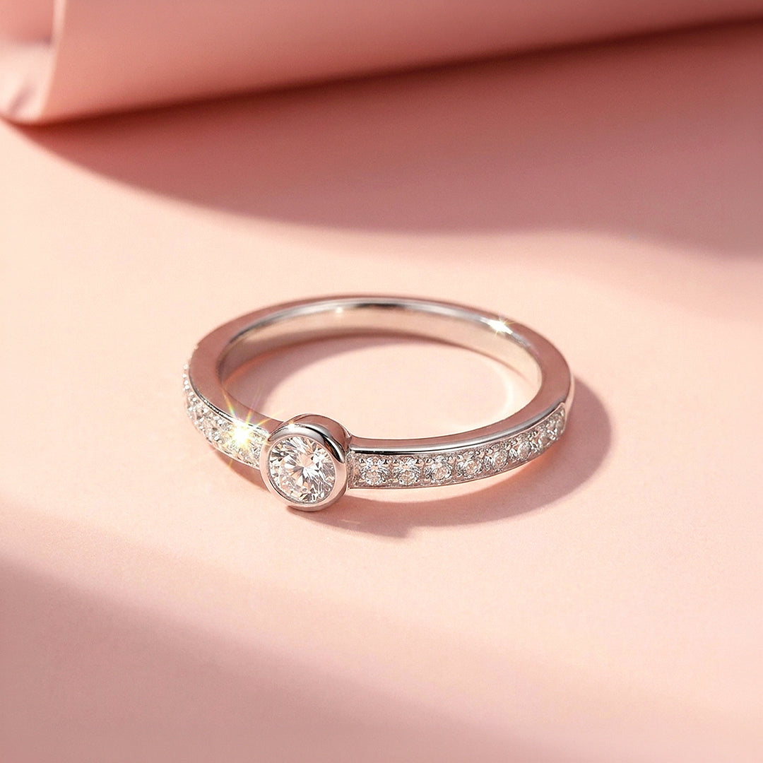 Bezel Solitaire Pavé Band Ring | Moissanite | 925 Sterling Silver | Prm5011