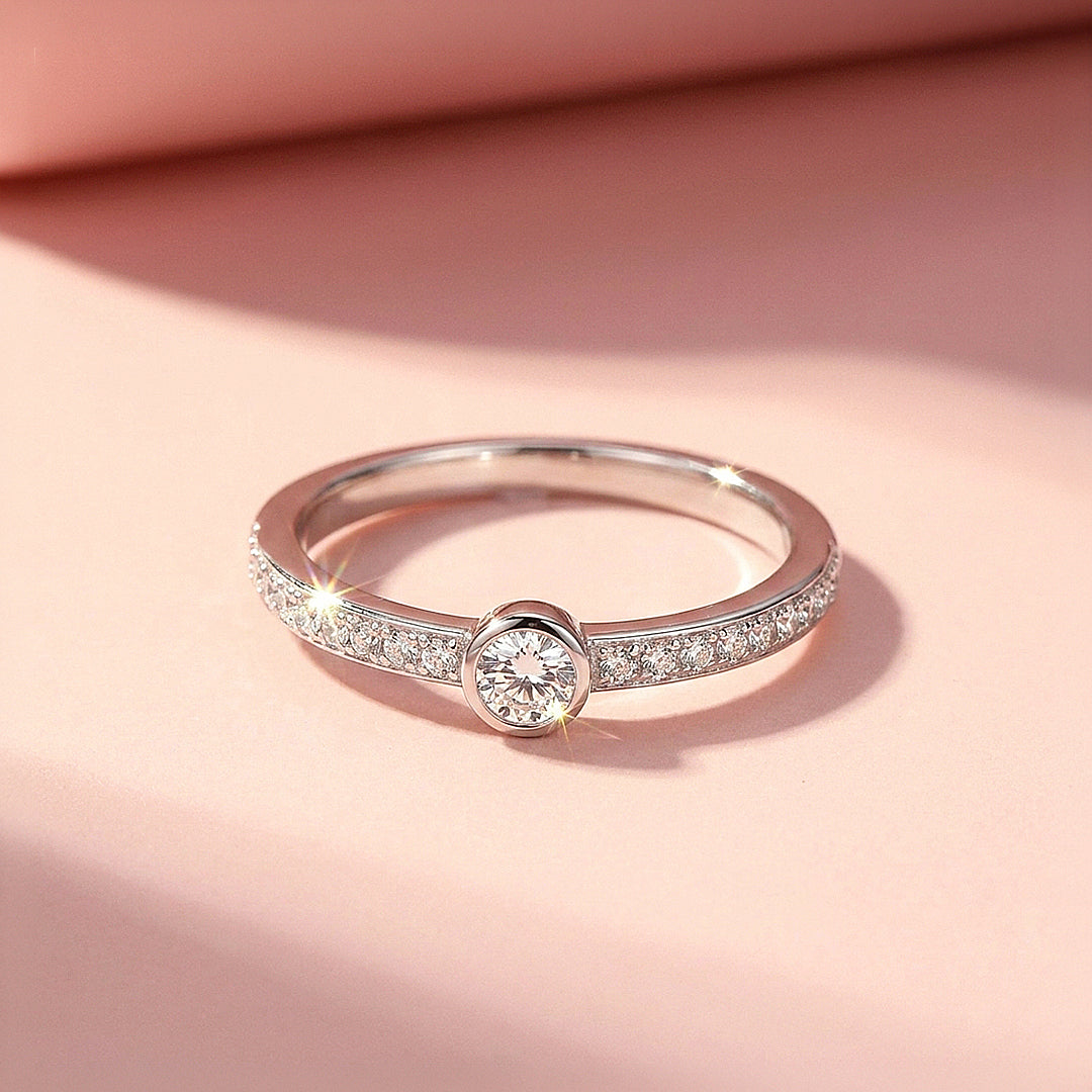 Bezel Solitaire Pavé Band Ring | Moissanite | 925 Sterling Silver | Prm5011