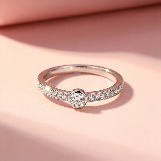 Bezel Solitaire Pavé Band Ring | Moissanite | 925 Sterling Silver | Prm5011