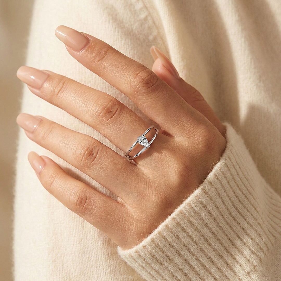 Pear Cut Double Band Solitaire Ring | Moissanite | 925 Sterling Silver | Prm5012