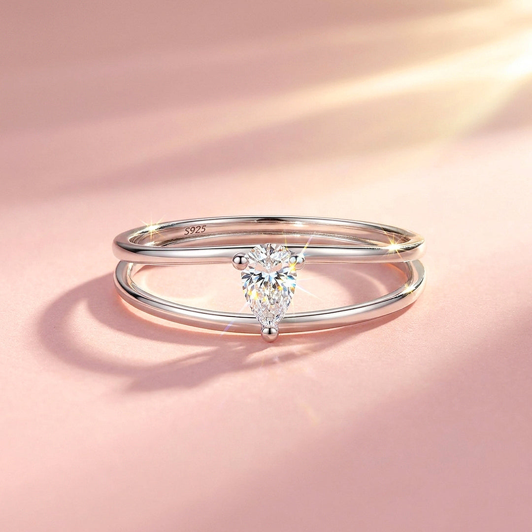 Pear Cut Double Band Solitaire Ring | Moissanite | 925 Sterling Silver | Prm5012