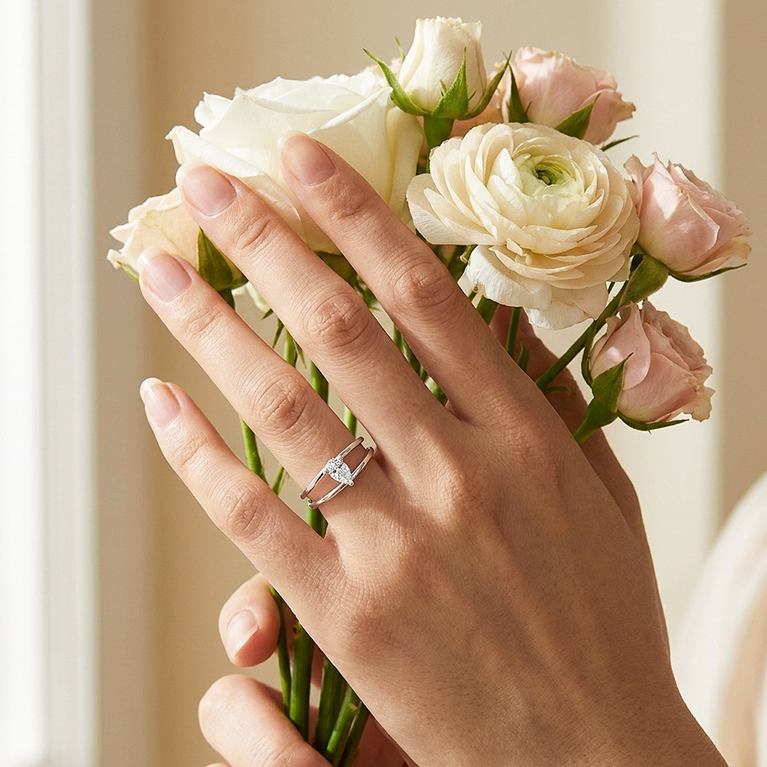 Pear Cut Double Band Solitaire Ring | Moissanite | 925 Sterling Silver | Prm5012