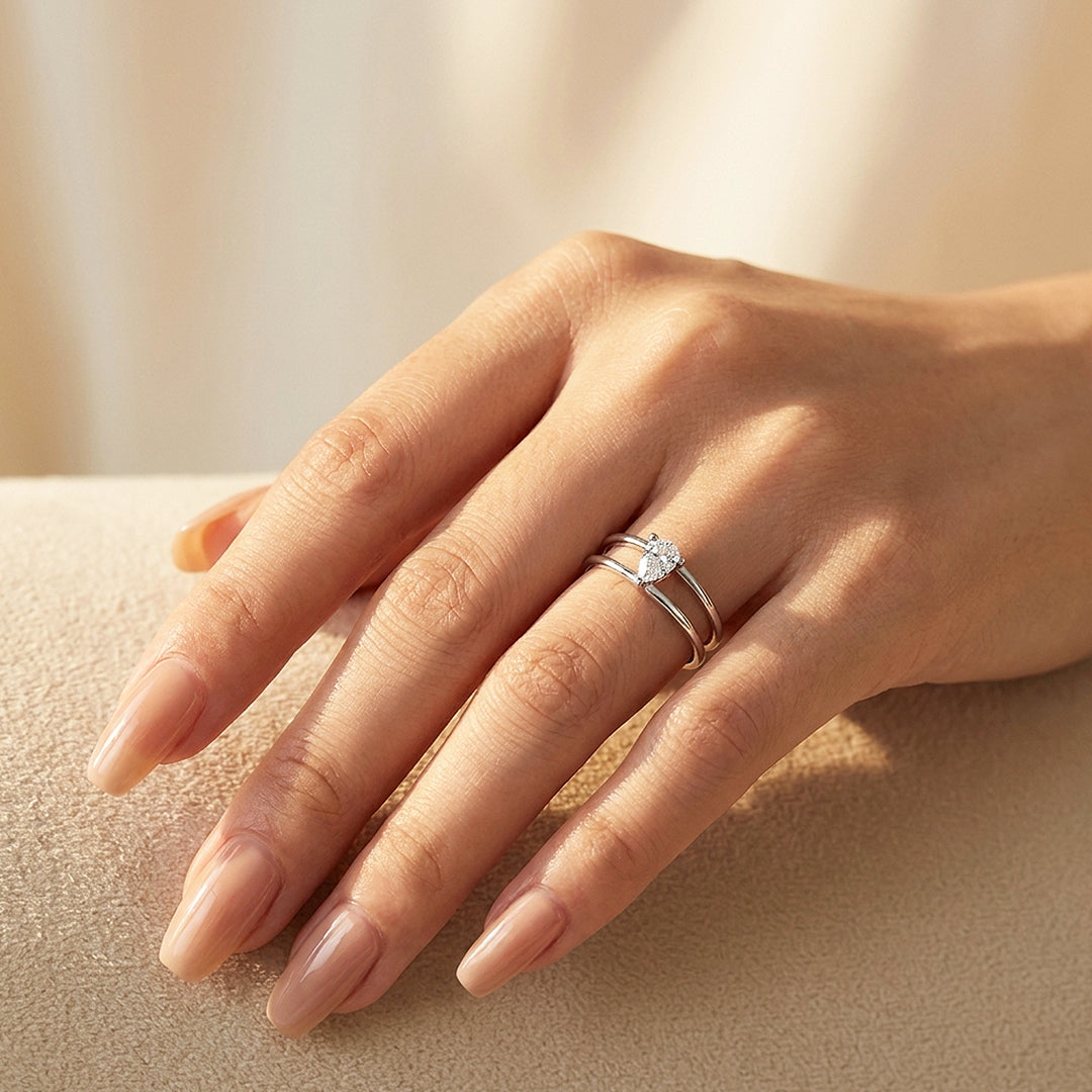 Pear Cut Double Band Solitaire Ring | Moissanite | 925 Sterling Silver | Prm5012