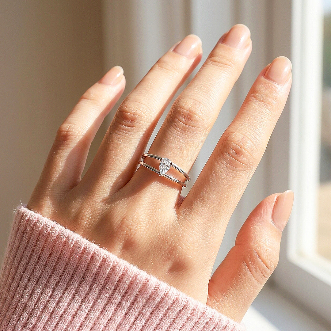 Pear Cut Double Band Solitaire Ring | Moissanite | 925 Sterling Silver | Prm5012