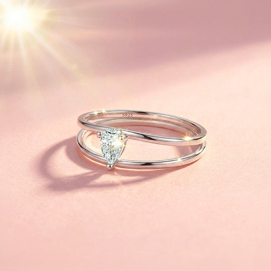 Pear Cut Double Band Solitaire Ring | Moissanite | 925 Sterling Silver | Prm5012