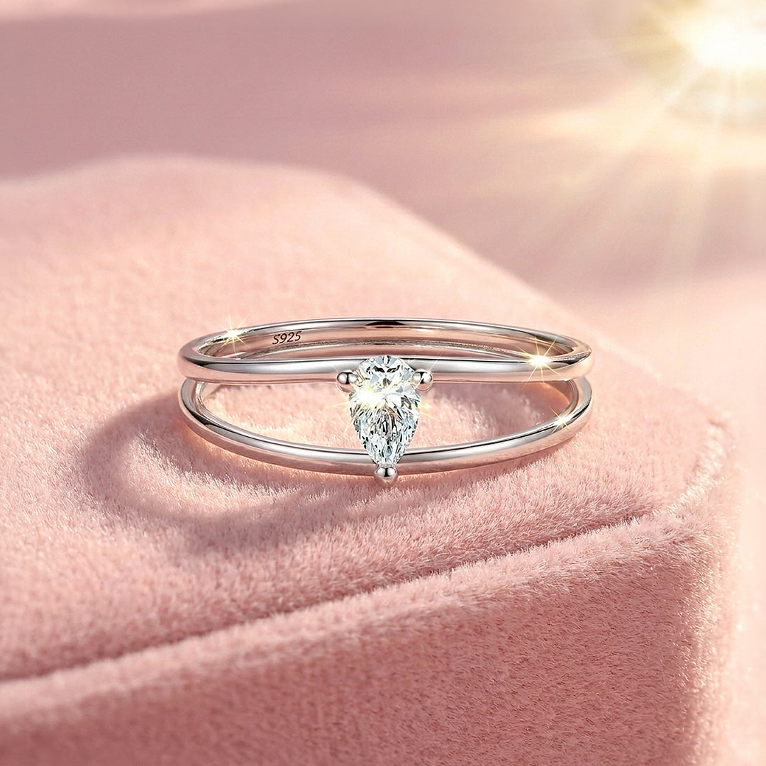 Pear Cut Double Band Solitaire Ring | Moissanite | 925 Sterling Silver | Prm5012