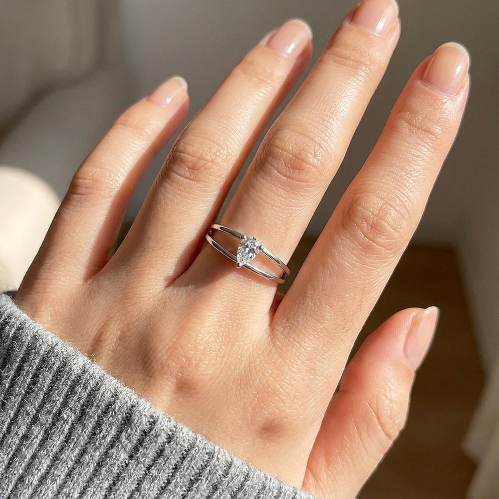 Pear Cut Double Band Solitaire Ring | Moissanite | 925 Sterling Silver | Prm5036