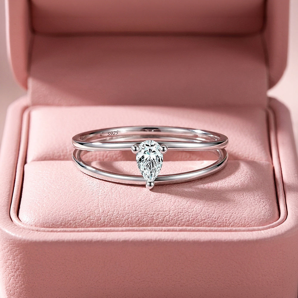 Pear Cut Double Band Solitaire Ring | Moissanite | 925 Sterling Silver | Prm5012