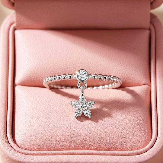 Flower Charm Dangle Beaded Ring | Moissanite | 925 Sterling Silver | Prm5015