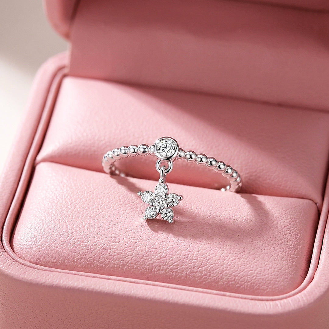 Flower Charm Dangle Beaded Ring | Moissanite | 925 Sterling Silver | Prm5015