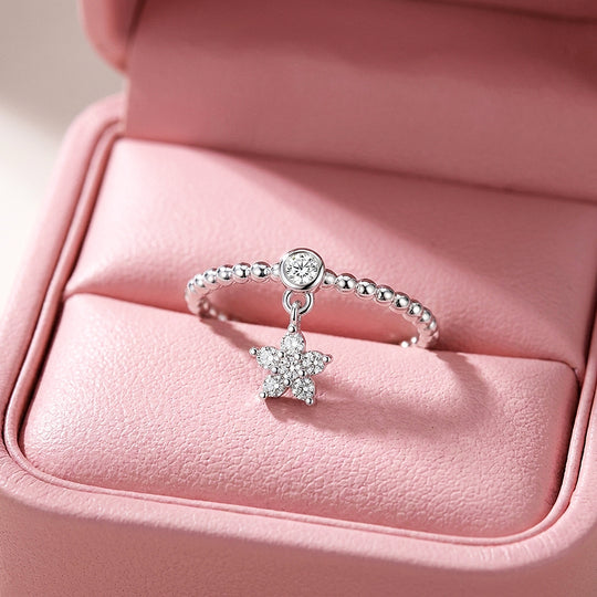 Flower Charm Dangle Beaded Ring | Moissanite | 925 Sterling Silver | Prm5015