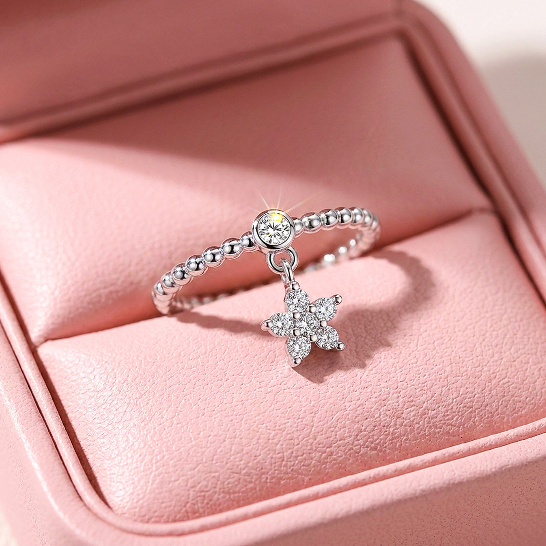 Flower Charm Dangle Beaded Ring | Moissanite | 925 Sterling Silver | Prm5015