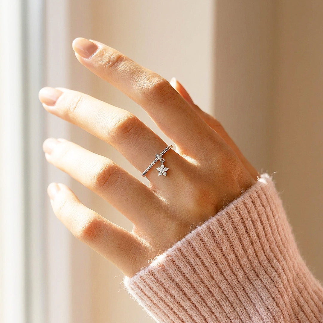 Flower Charm Dangle Beaded Ring | Moissanite | 925 Sterling Silver | Prm5015