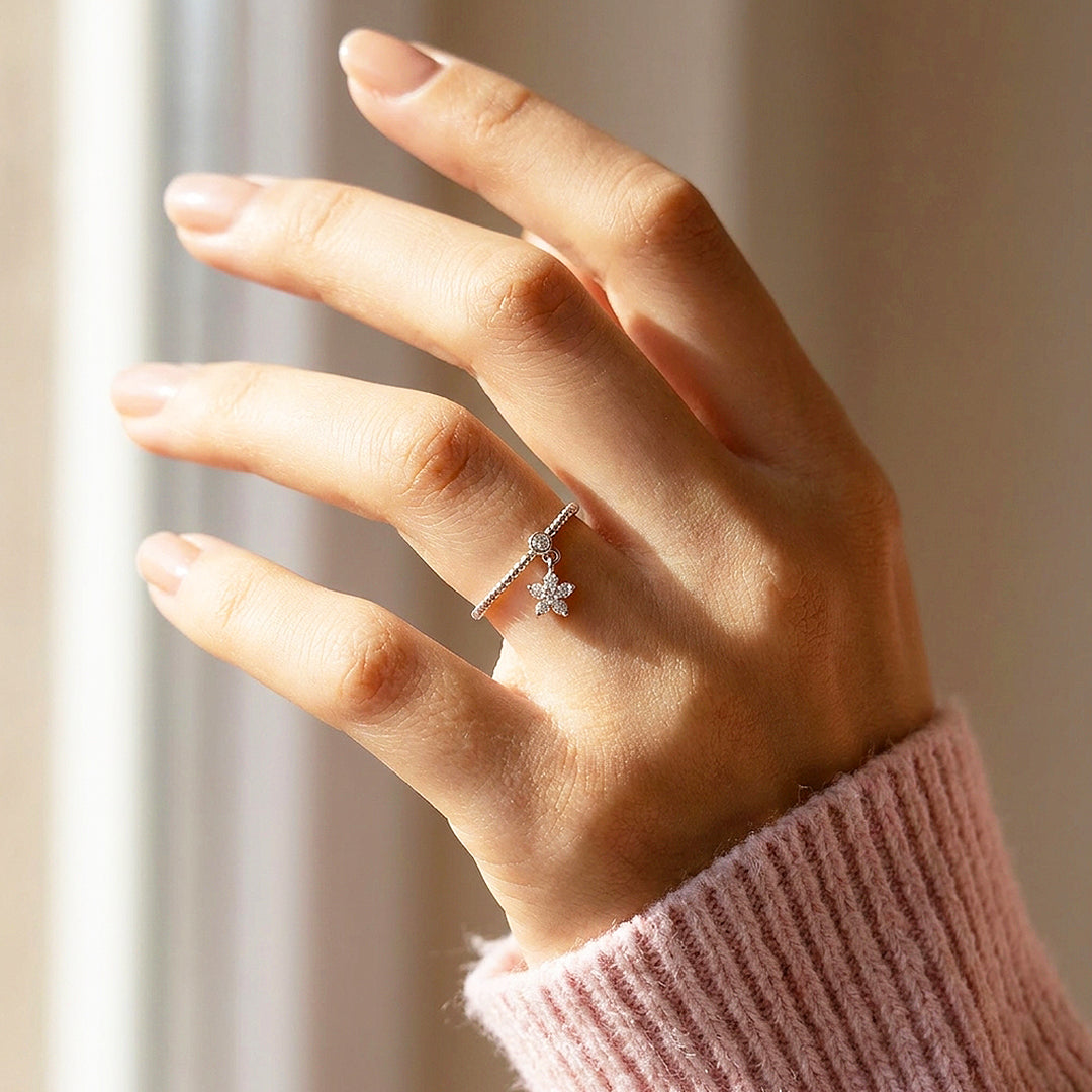 Flower Charm Dangle Beaded Ring | Moissanite | 925 Sterling Silver | Prm5015