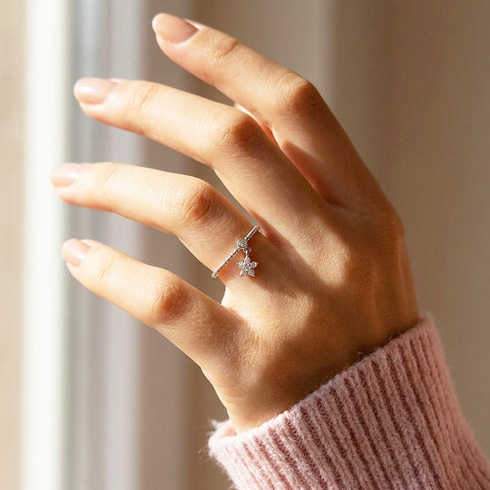 Flower Charm Dangle Beaded Ring | Moissanite | 925 Sterling Silver | Prm5015