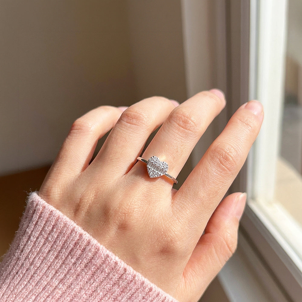 Baguette & Pavé Heart Ring | Diamond Simulant | 925 Sterling Silver | PRM5027