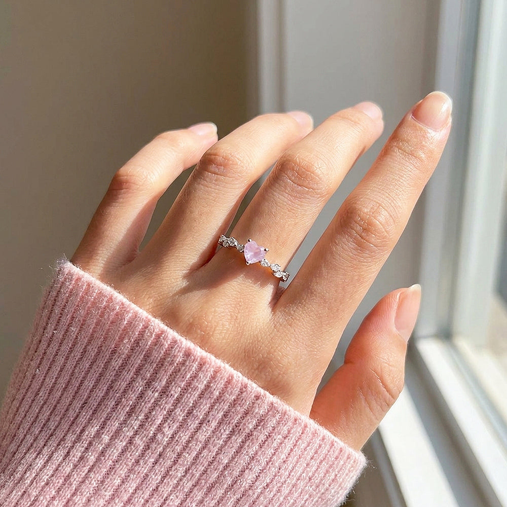 Heart Rose Quartz Ring | Diamond Simulant | 925 Sterling Silver | PRM5029