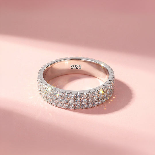 Three-Row Pavé Eternity Moissanite Silver Women Ring | Prm5040