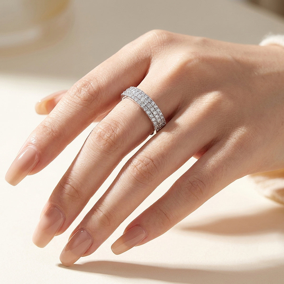 Three-Row Pavé Eternity Moissanite Silver Women Ring | Prm5040