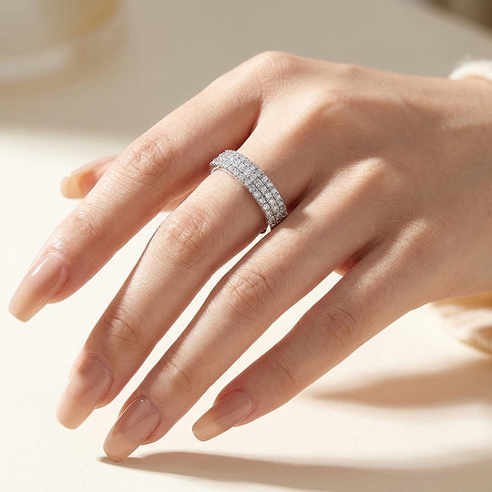 Three-Row Pavé Eternity Moissanite Silver Women Ring | Prm5040