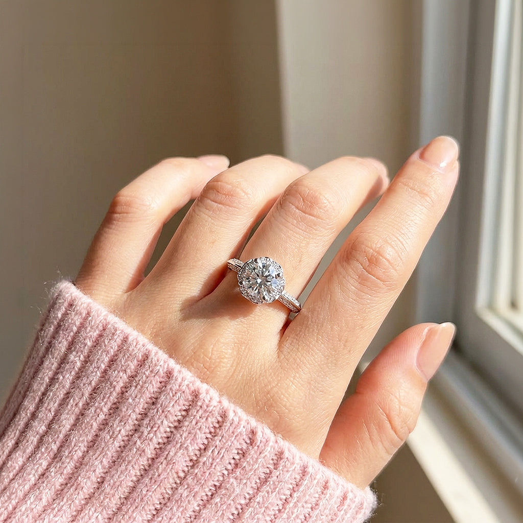 Round Brilliant Floral Halo Moissanite Ring | 925 Sterling Silver | PRM7101