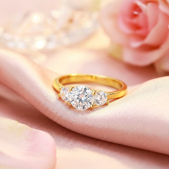 Three Stone Moissanite Gold Ring | 925 Sterling Silver | PRM7109