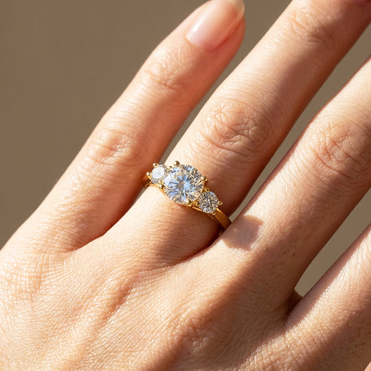 Three Stone Moissanite Gold Ring | 925 Sterling Silver | PRM7109