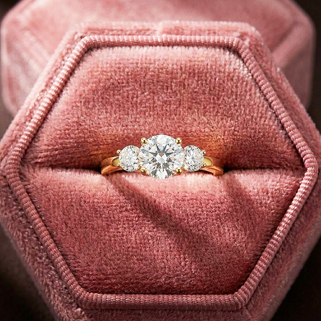 Three Stone Moissanite Gold Ring | 925 Sterling Silver | PRM7109