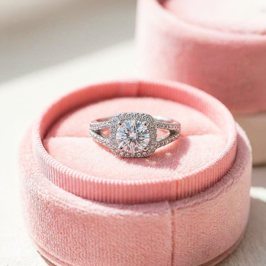 Brilliant Cushion Halo Moissanite Ring | 925 Sterling Silver | PRM7124