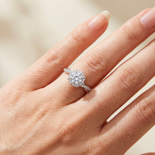 Hexagon Halo Moissanite Ring | 925 Sterling Silver | PRM7126