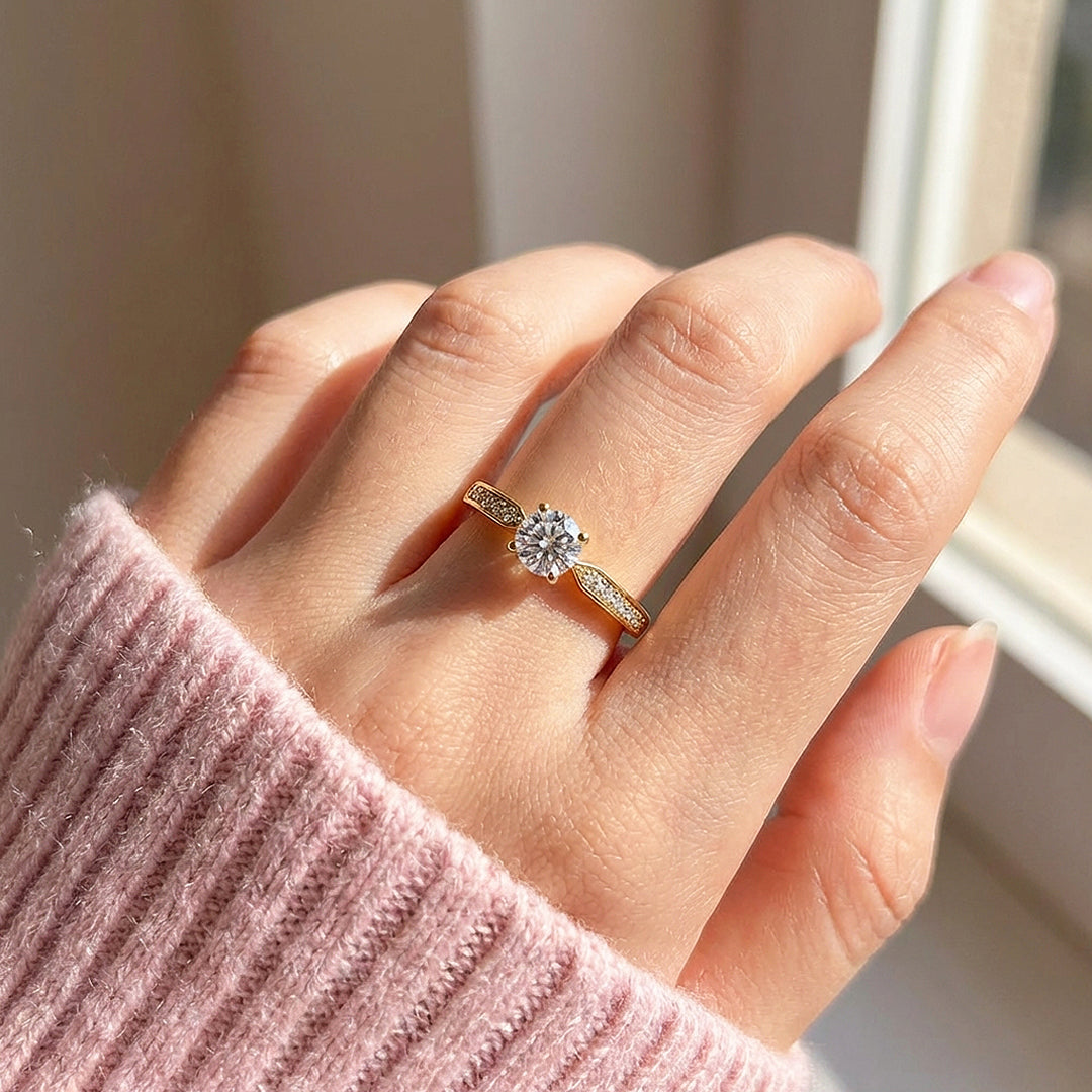 Tapered Pavé Moissanite Solitaire Ring | 925 Sterling Silver | PRM7141