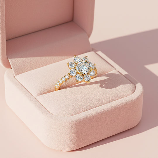 Sunflower Round Halo Ring | 1.00ct | Moissanite | 18K Gold Plated 925 Sterling Silver | Prm7160 - Ring | Singapore Jewellery, Wedding Rings &amp; Gifts | Same Day Delivery | Tiara.com.sg