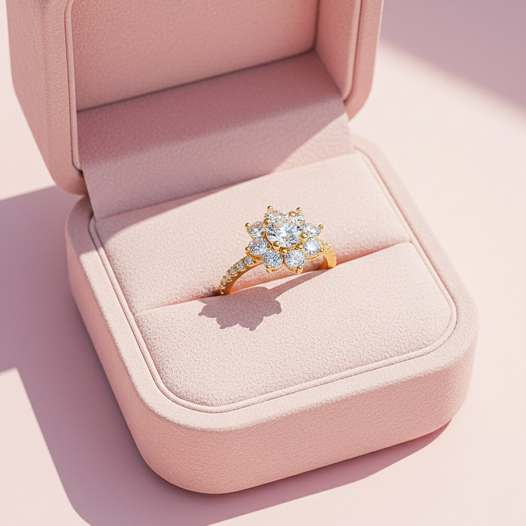 Sunflower Round Halo Ring | 1.00ct | Moissanite | 18K Gold Plated 925 Sterling Silver | Prm7160 - Ring | Singapore Jewellery, Wedding Rings &amp; Gifts | Same Day Delivery | Tiara.com.sg