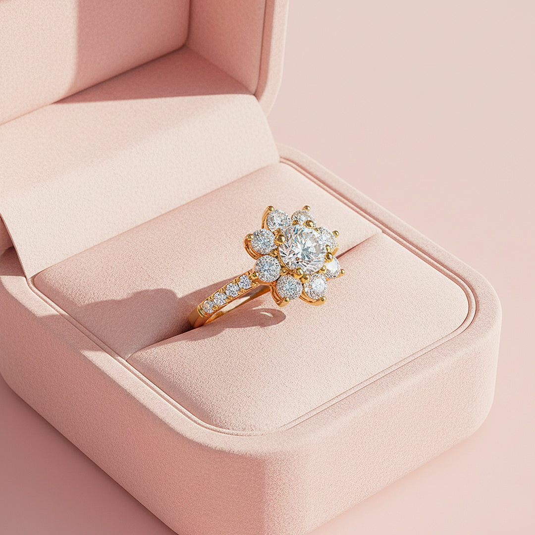 Sunflower Round Halo Ring | 1.00ct | Moissanite | 18K Gold Plated 925 Sterling Silver | Prm7160 - Ring | Singapore Jewellery, Wedding Rings &amp; Gifts | Same Day Delivery | Tiara.com.sg