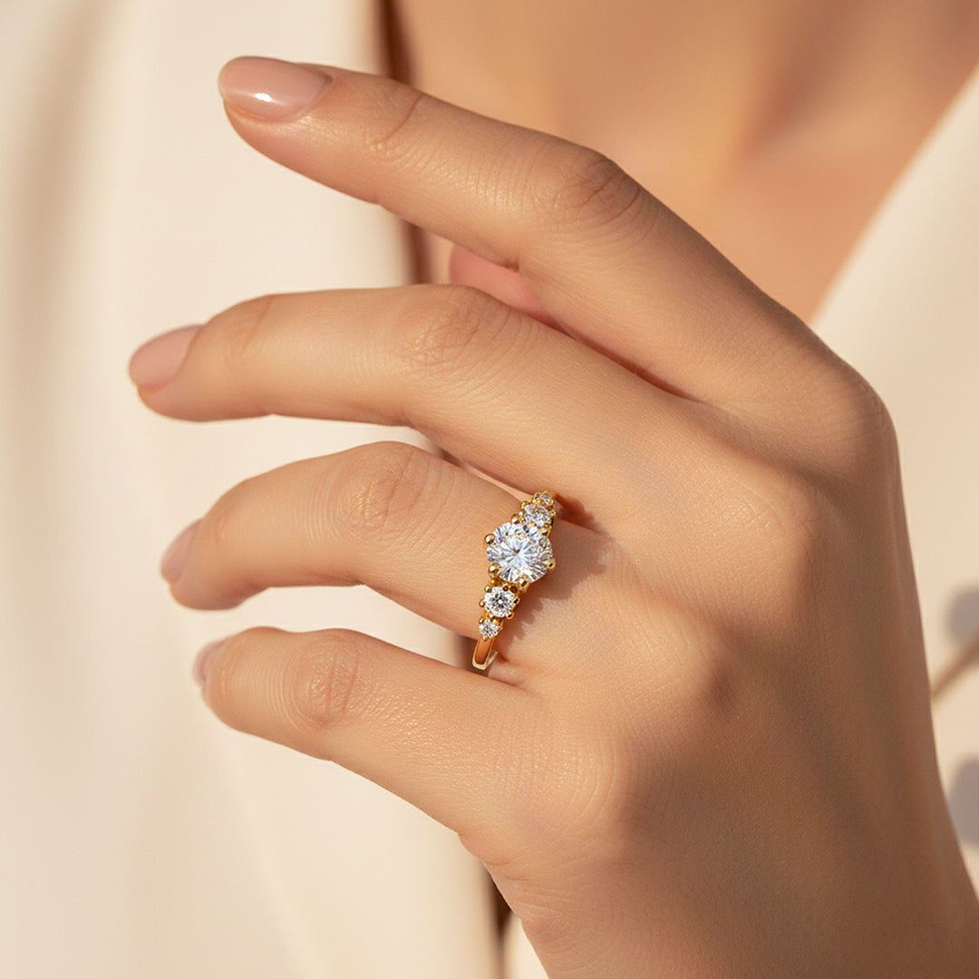 Triple Stone Ring | 1.00ct | Moissanite | 18K Gold Plated 925 Sterling Silver | Prm7163 - Ring | Singapore Jewellery, Wedding Rings & Gifts | Same Day Delivery | Tiara.com.sg