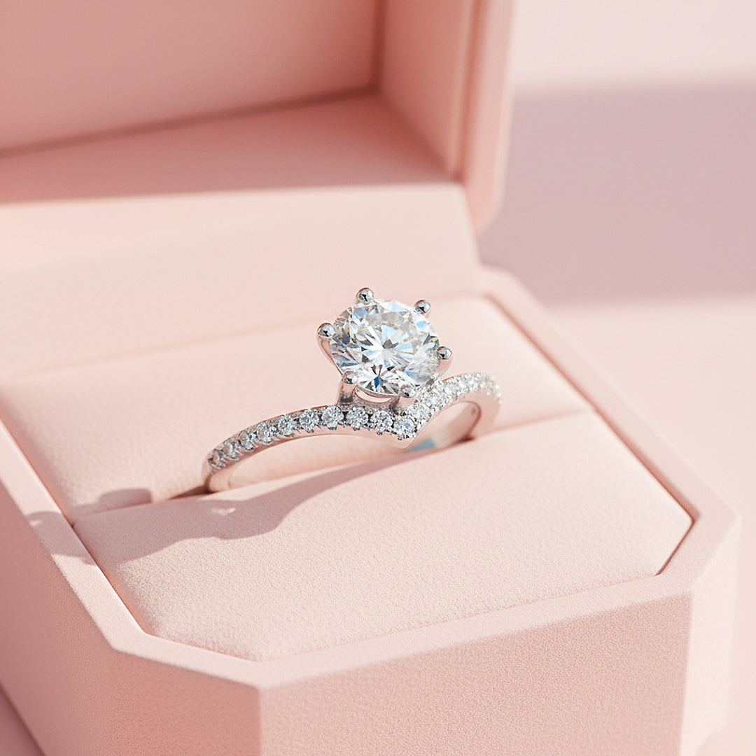 Chevron Halo Round Solitaire Ring | 1.00ct | Moissanite | 925 Sterling Silver | Prm7170 - Ring | Singapore Jewellery, Wedding Rings &amp; Gifts | Same Day Delivery | Tiara.com.sg