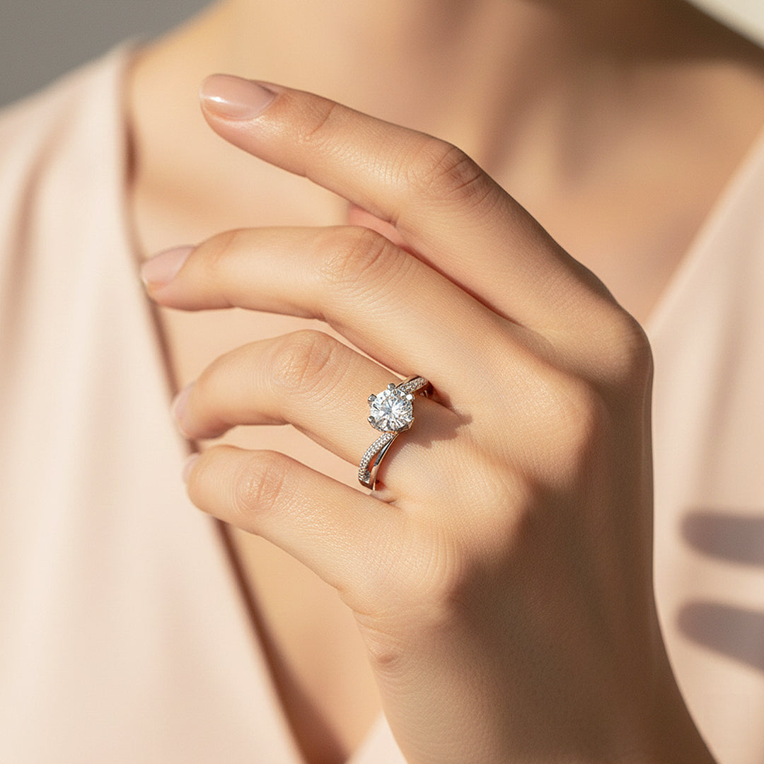 Twisted Bypass Round Solitaire Ring | 1.00ct | Moissanite | 925 Sterling Silver | Prm7171 - Ring | Singapore Jewellery, Wedding Rings &amp; Gifts | Same Day Delivery | Tiara.com.sg