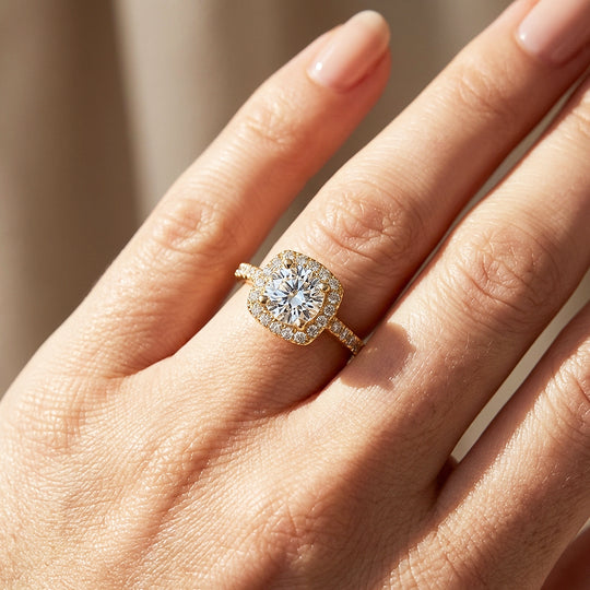 Cushion Halo Moissanite Gold Ring | 925 Sterling Silver | PRM7173